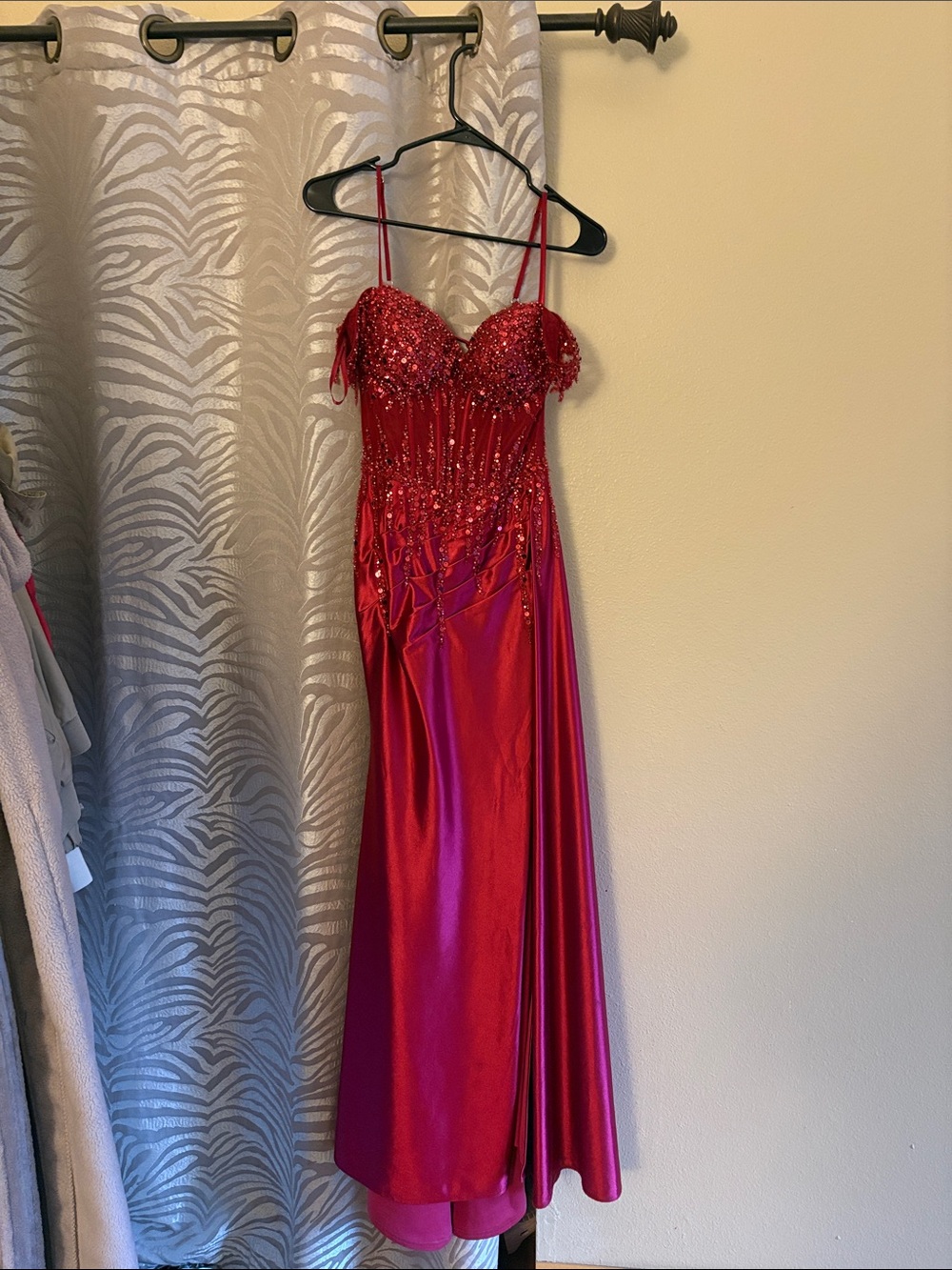 Amazon Red Sequin Satin Prom Dress with Spaghetti Straps